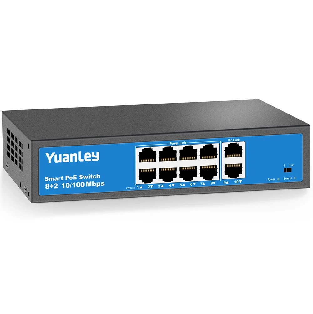 YuanLey 8 портов PoE коммутатор 2 порта Uplink 10/100 Мбит/с Poe Plus 802. 3af/at 120 W металлический