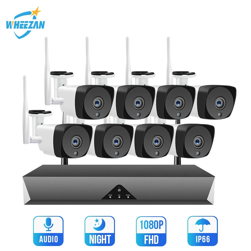 Система наблюдения Wheezan wifi cctv комплект ip-камеры 1080P 8CH H.265 аудио P2P ночного видения HD открытый домашний комплект камеры безопасности