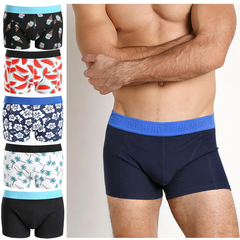 

NEW 4Pcs Pack/lot Men's Boxer lycra Pull Cotton Underwear Cuecas Fashion Fruit Flowers Print Man Underpants Men Shorts Summer