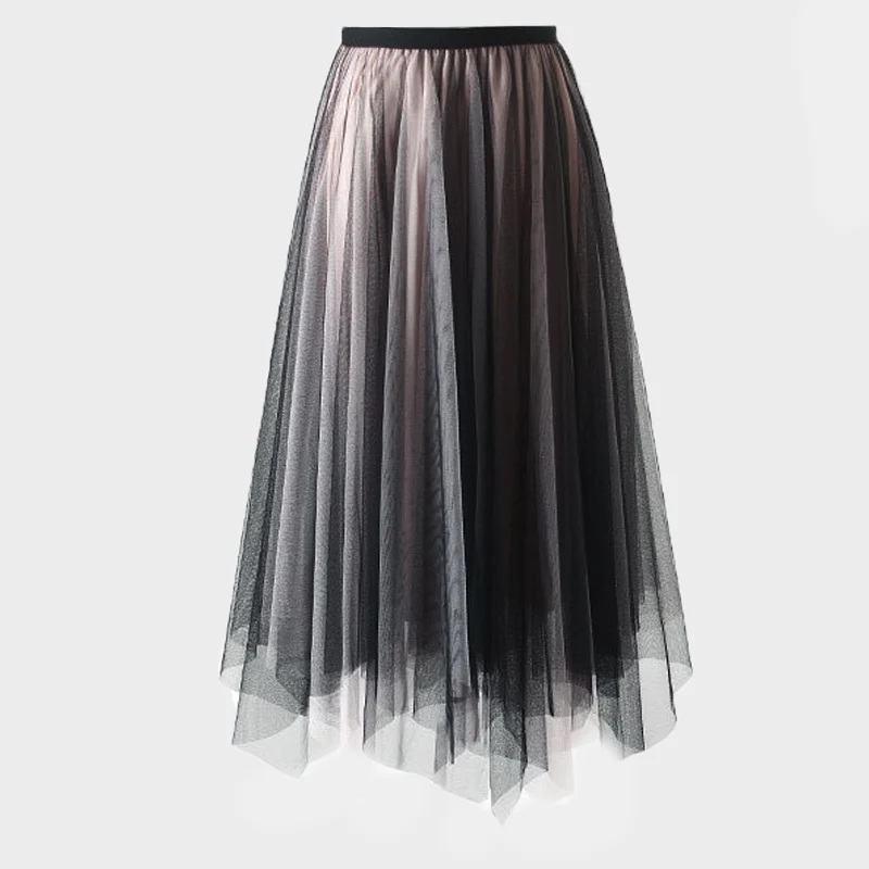 

Qiuxuan Long Tulle Pleated Skirts 2 layers Irregular Hem Black Mesh Female Summer Elegant Women Stretchy High Waist Midi Skirt