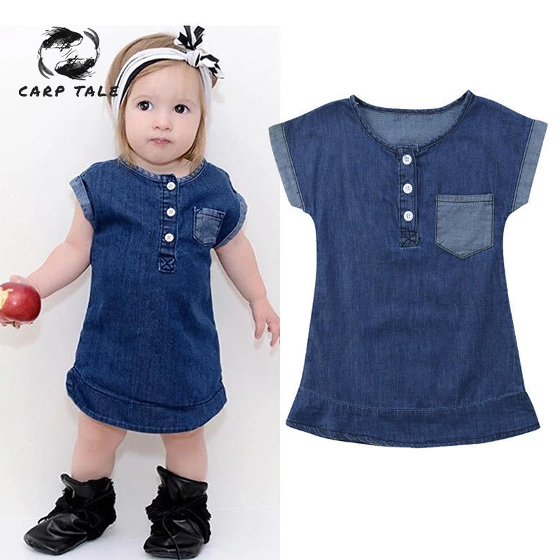 

2019 summer explosion models girls new simple solid color denim round neck short-sleeved dress dress baby girl cute costume
