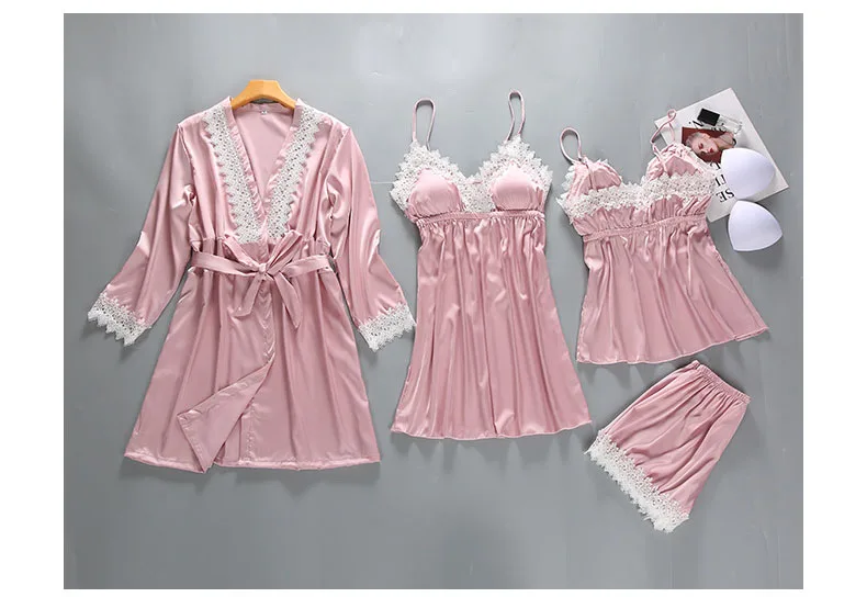 Queenral 4PCS Pajamas Set Satin Sleepwear Female With Chest Pads Long Sleeve Summer Home Clothing Pijama Nightwear Robe Pyjamas13