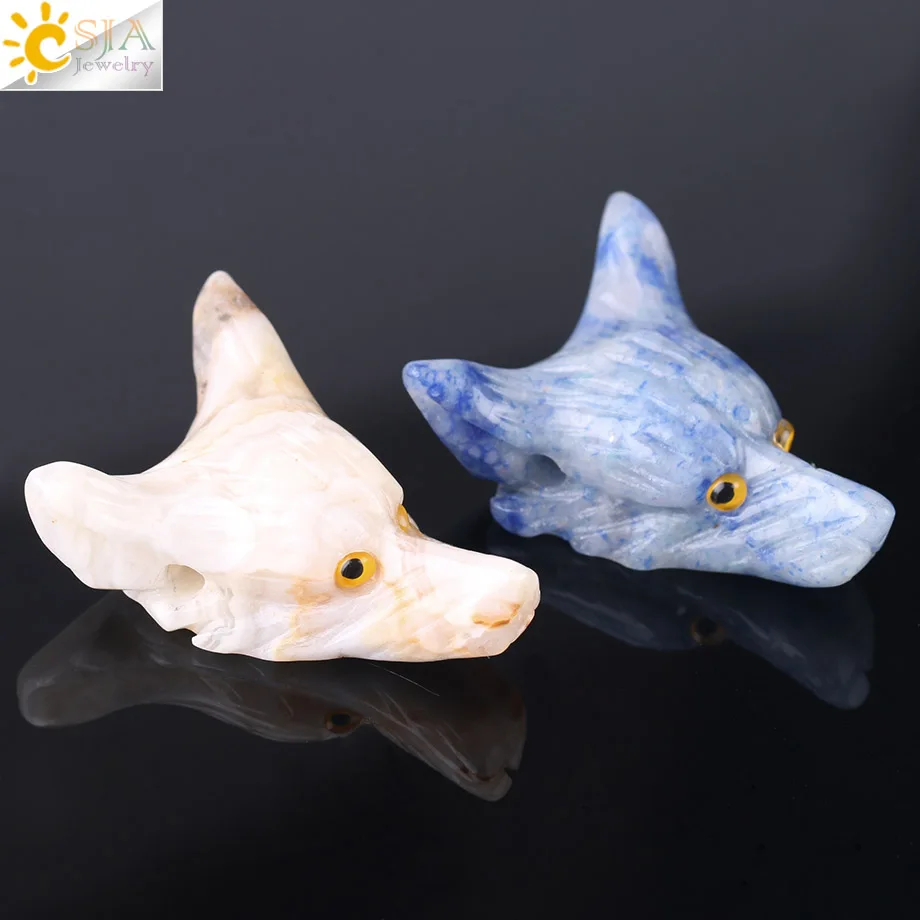 

CSJA Natural Semi-precious Stone Carving Figurine Wolf Head Pendants for Necklace Pink Quartz Green Aventurine Chakra Gifts F418