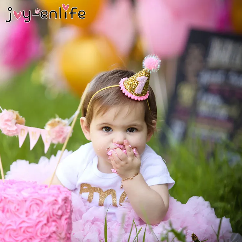 Cute Shiny 1/2/3 Boys Girls Birthday Hats With Hairball Caps Baby Shower Birthday Party Cake Caps Party Photo Props