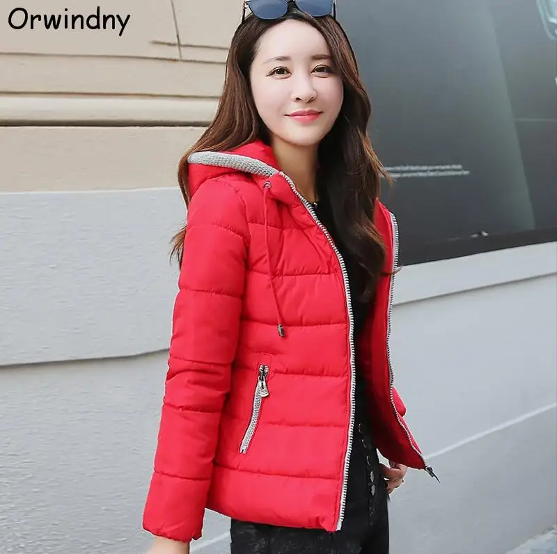 Orwindny/женские короткие парки; зимняя куртка; пальто; Новинка года; модная Осенняя однотонная Теплая стеганая куртка с капюшоном для девочек - Цвет: Красный