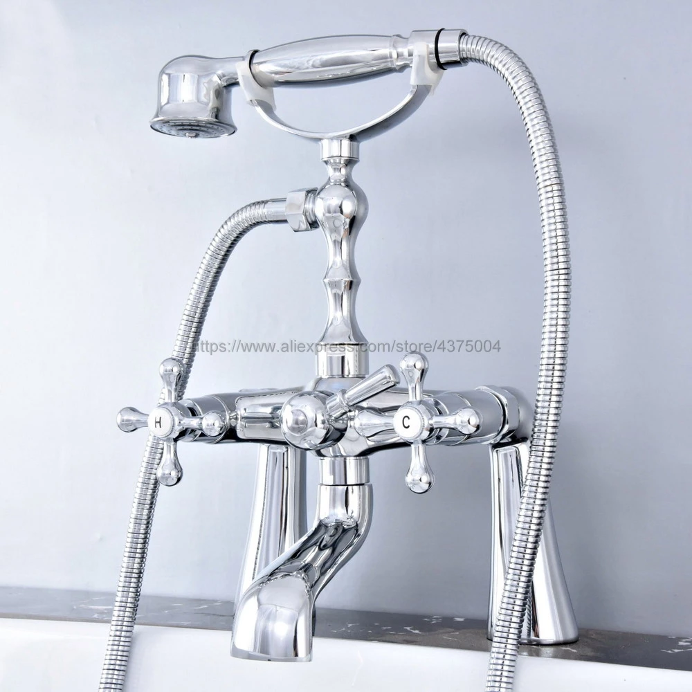 

Deck Mounted Bathtub Faucet Polished Chrome Tub Sink Faucet Telephone Style Bathroom Bath Shower Set with Handshower Ntf769