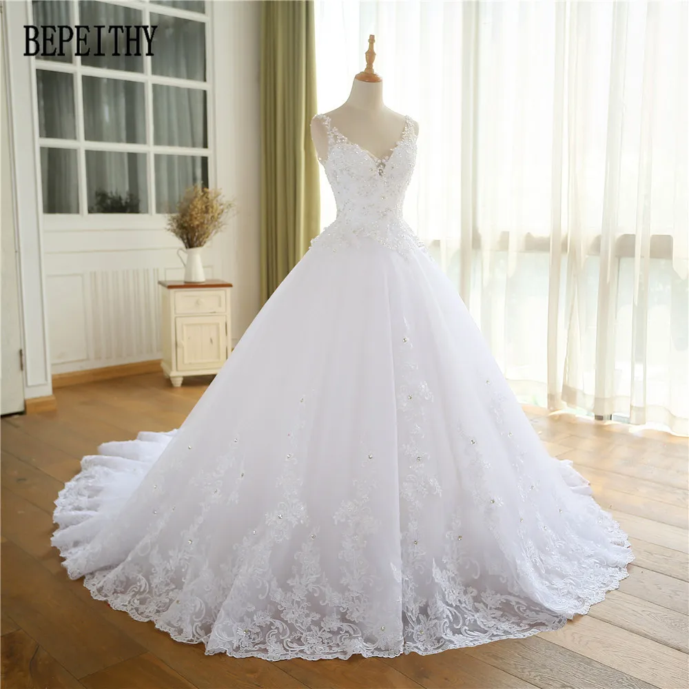 Kaufen Robe De Mariage Spitze Appliques Vestido De Novia V ausschnitt EINE Linie Zurück Sweep Zug Spitze Hochzeit Kleid 2019 Braut Kleider