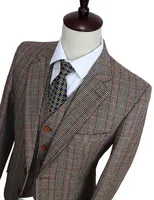 Wool Brown Classic Tweed custom made slim fit mens 3 piece suits gentleman style tailor wedding party dresses suits for men 1