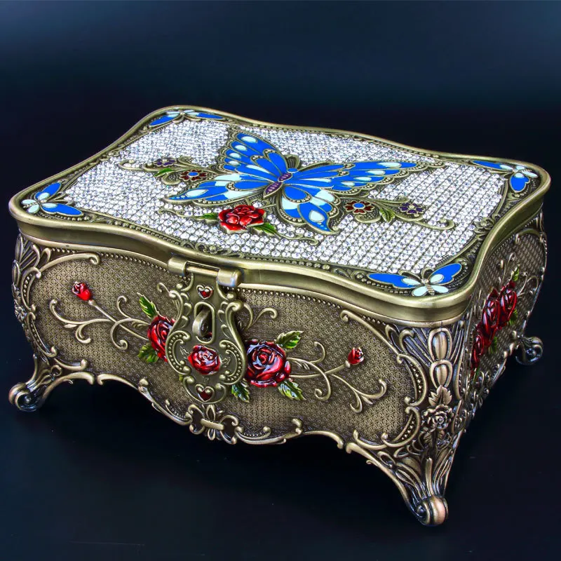 

Creative European Retro Diamond Butterfly Jewelry Box High-grade with Lock Buckle Mirror Jewelry Storage Box Girl Gift