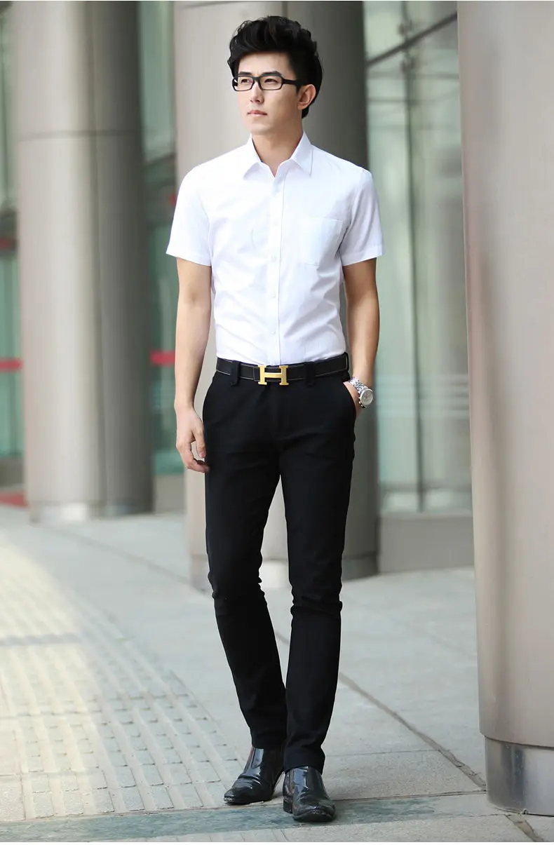 Мужская рубашка с коротким рукавом, чисто белая рубашка, рубашки с короткими рукавами, мужская хлопковая Повседневная рабочая одежда с защитой от морщин HOWDFEO