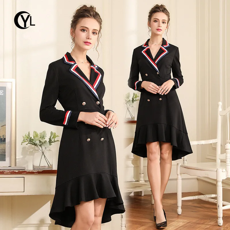 

OUYALIN L- 3XL 4XL 5XL Plus size Dress 2018 Women long sleeve Button Notched Collar Autumn Winter Black Mermaid Dresses