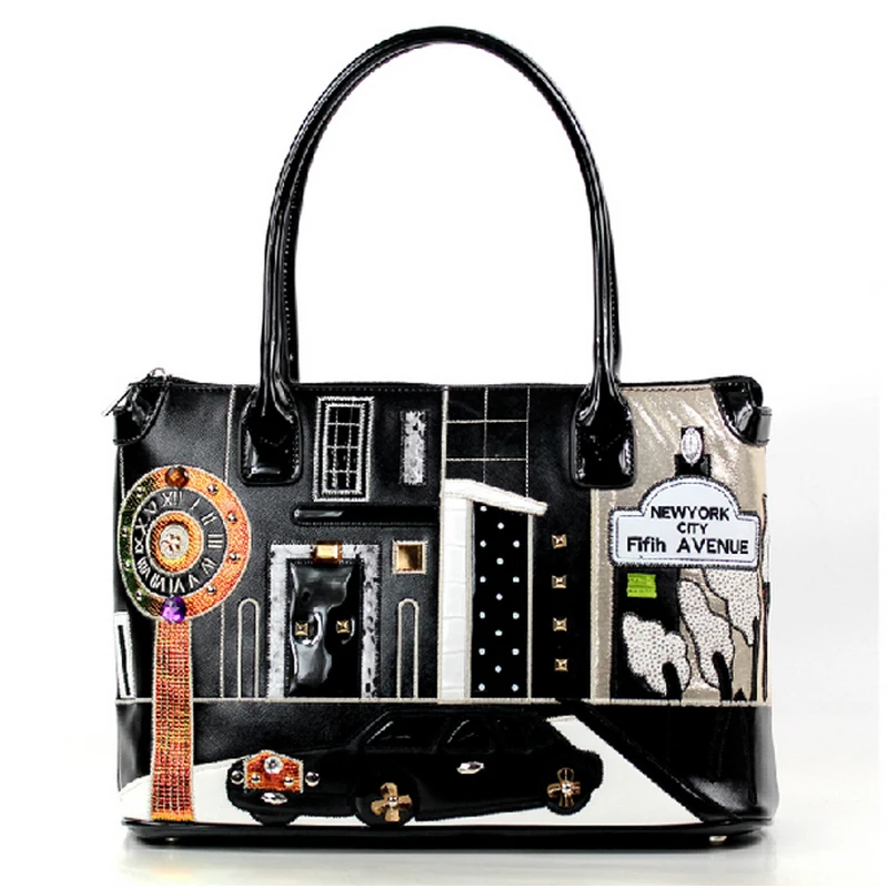

Women Leather Shoulder Bags Female Handbags Totes Braccialini Brand Style Handicraft Design Art Cartoon Black White Street