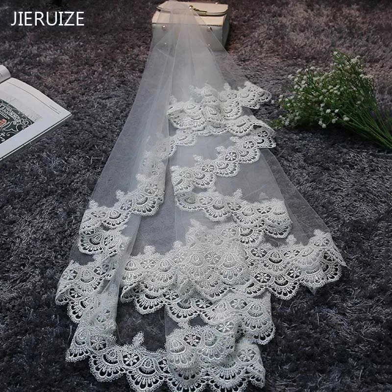 

JIERUIZE In Stock Lace Edge 1.5 M Long Wedding Veils High Quality Cheap Bridal Veils Wedding Accessories
