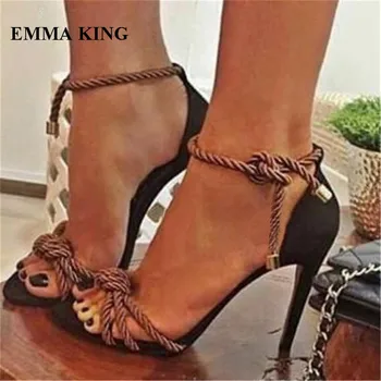 

EMMA KING Concise Rope Knot Thin High Heels Beach Summer Sandals Open Toe Ankle Strap Cover Heel Ladies Casual Dress Sandalias