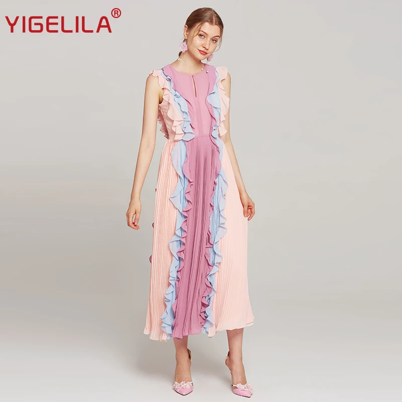 YIGELILA, женское летнее платье для дня рождения, модное платье без рукавов с круглым вырезом, приталенное платье до лодыжки, лоскутное платье с оборками, 63410 - Цвет: Розовый