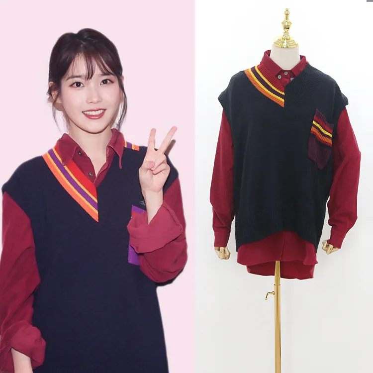 

kpop IU Lee Ji Eun same streetwear color matching knitting warm hoodies women wine red corduroy lapel sweatshirts female clothes