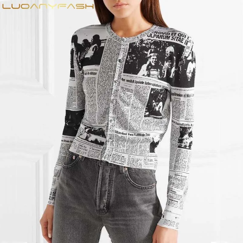 

Vintage Letter Prints Newspaper Knitted Cardigans Sweater Rond Neck Long sleeve Tops For Women 2018 New Fashion Clothing