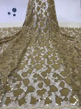 

Unique Design African Sequins Net Lace Fabric High Quality 2019 Nigeria Indian Embroidery Guipure Mesh Gold Sequined Lace(7-19