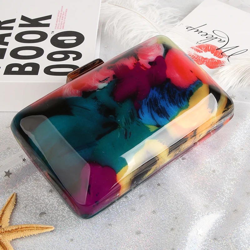 New Clutch Bag Female Evening Bags Acrylic Fashion Design Colorful Printing Women Shoulder Bags Casual Vintage Clutches Purse