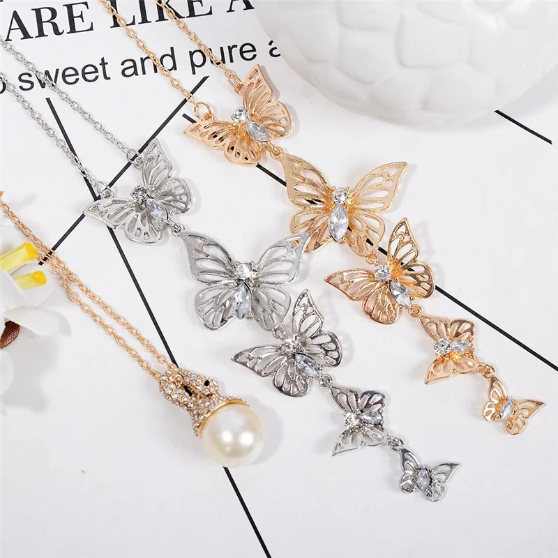 

Long Pendant Butterfly Imitation Pearl Necklace 3 Styles For Women Collares Largos De Moda Sweater Jewelry