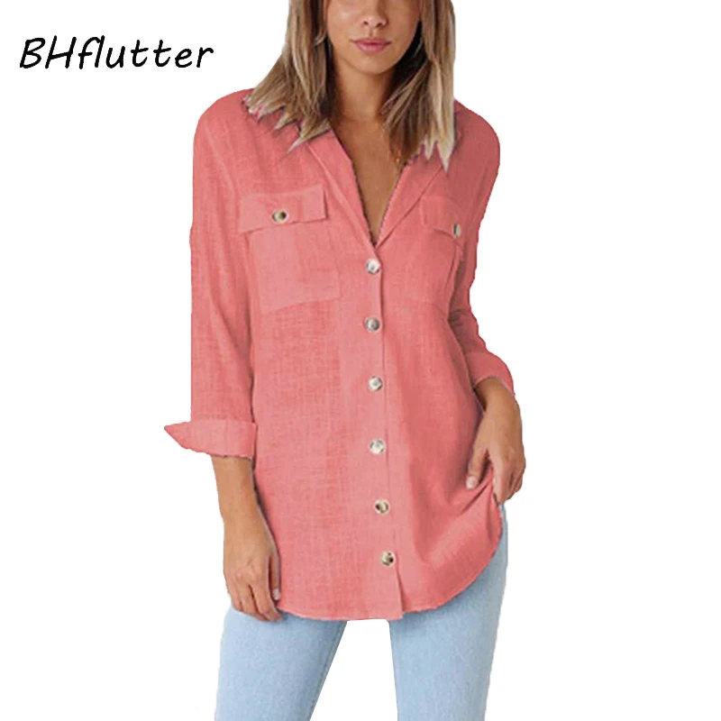 

BHflutter V neck Cotton Casual Blouse Women New Arrival Pockets Buttons Long Sleeve Shirts Womens Tops and Blouses 2018 Blusas