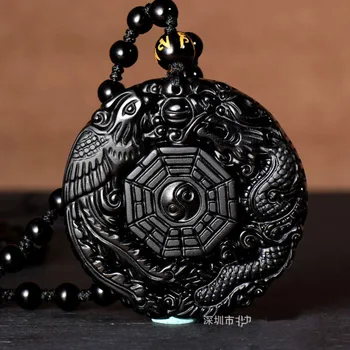 

Natural Black Obsidian Hand Carved Chinese Dragon Phoenix BaGua Lucky Amulet Pendant Free Necklace Fashion Fine Jewelry