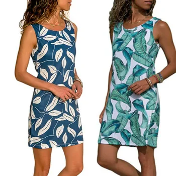 

Fashion Leaf Print Sleeveless Women Dress Summer Green Blue Sexy Party Sleeveless Short Dress Beach A Line Slim Sundress Vestido
