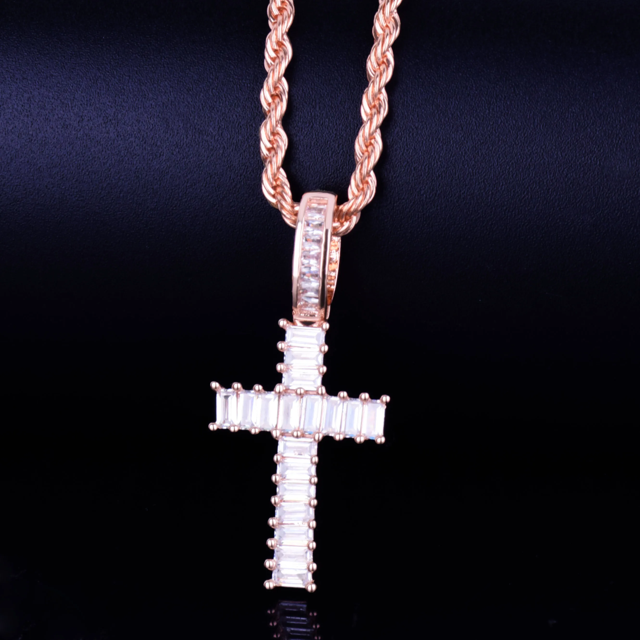 Мини багет крест кулон ожерелье с 4 мм теннисная Цепочка Золото Серебро AAA кубический циркон мужские и женские хип хоп рок ювелирные изделия