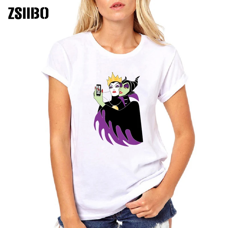 

Fashion Princess Witch Queen Mermaid Printed T-shirts Women Summer Short Sleeve Casual White Tops White Color Leisure Tshirt