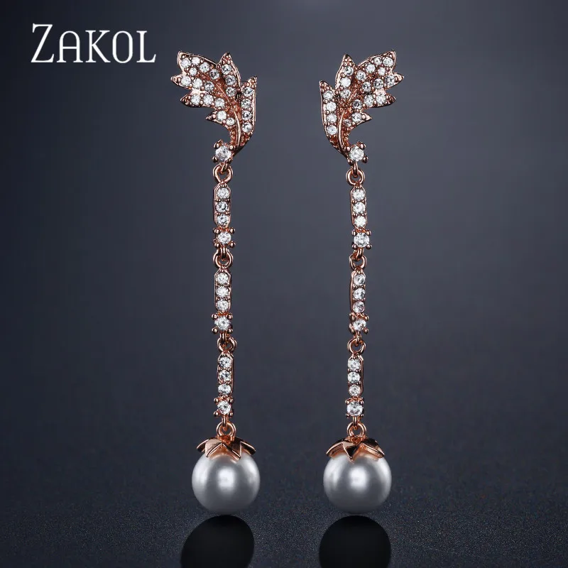 ZAKOL новинка модные блестящие длинные висячие серьги в виде листьев из