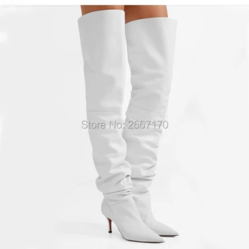 

Fashion Runway Solid Plain Leather Ladies Shoes Autumn Winter Over The Knee Botines Slip On Pointed Toe White Thigh High Boots