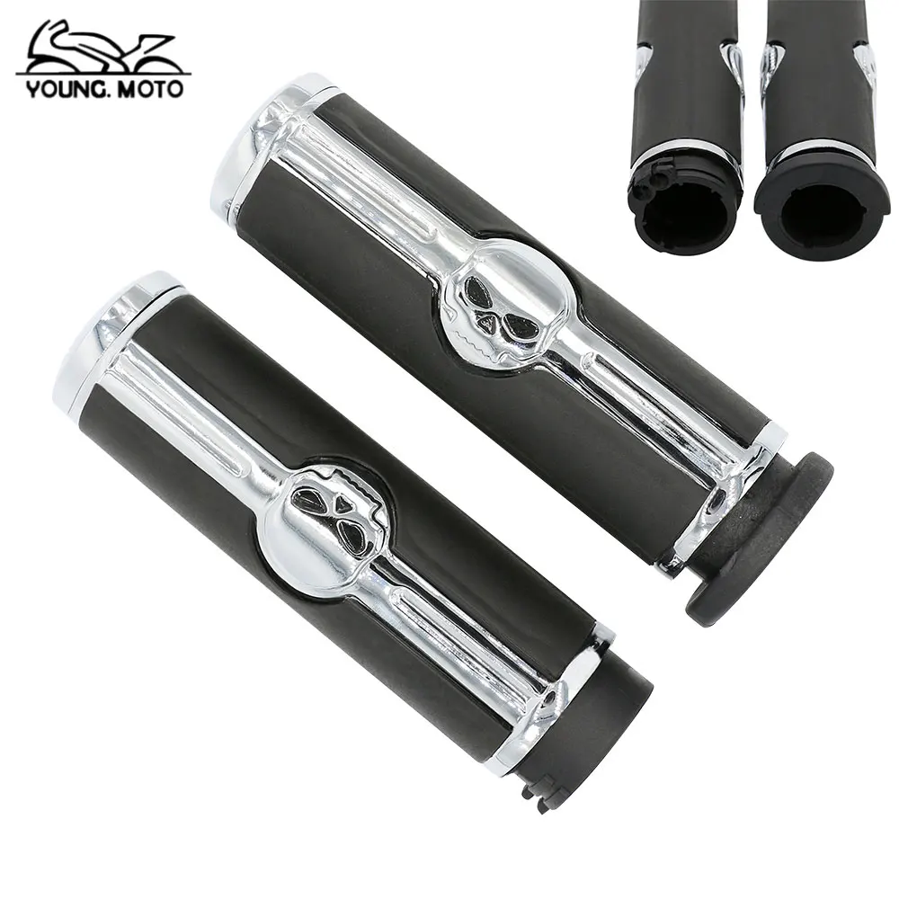Pair 1 Inch 25mm Skull Motorcycle Chrome Black Rubber Hand Grips for Suzuki Kawasaki Harley Chopper