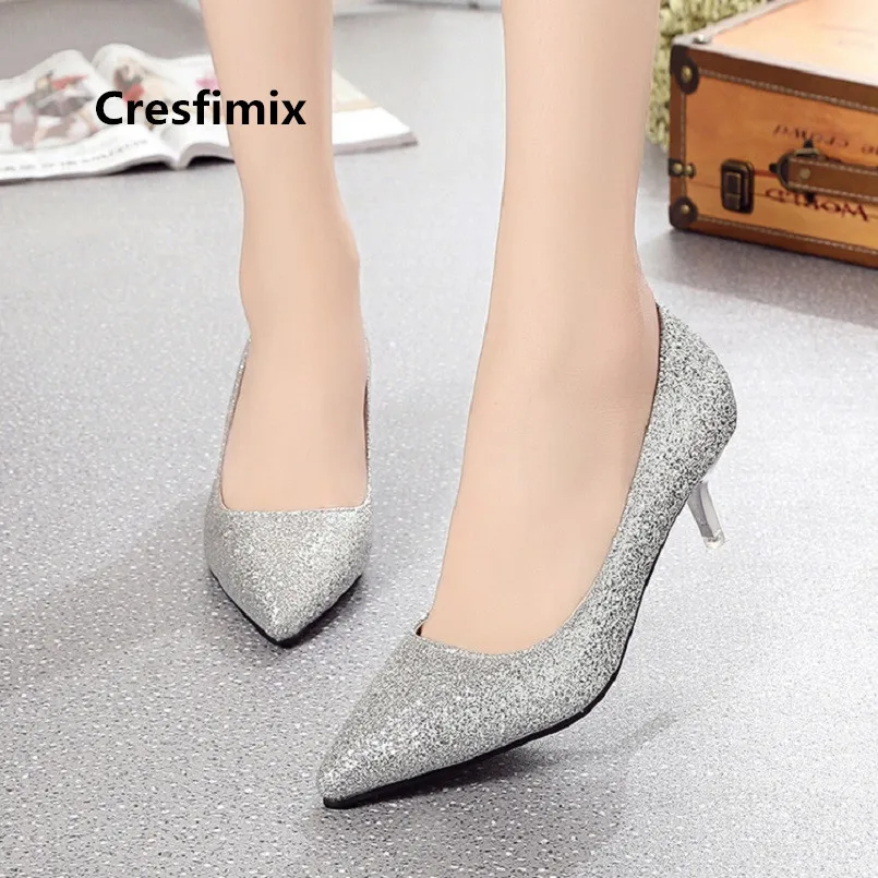 

Cresfimix lady cute silver shining comfortable spike high heel shoes women bridal sexy golden shoes femmes hauts talons a3220