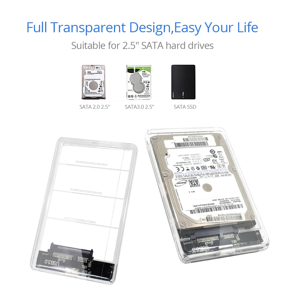 TISHRIC Transparent 2.5 HDD/SSD Case Hard Drive Enclosure/Box Sata to USB 3.0 Adapter UASP Protocol Up to 2TB Hard Disk Case