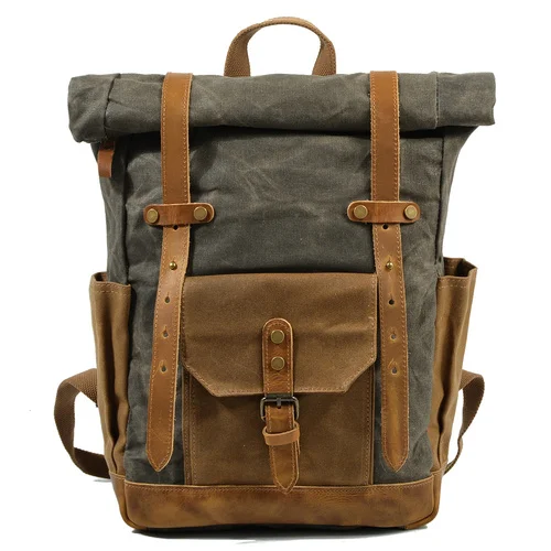 MUCHUAN, винтажный кожаный рюкзак с масляным воском, вместительный, для подростков, для путешествий, водонепроницаемый рюкзак, 14 дюймов, для ноутбуков, рюкзак - Цвет: Армейский зеленый