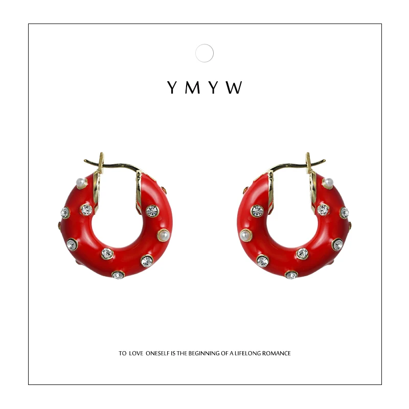 

YMYW Luxury Brand Inlay Rhinestone Pearls Hoop Earrings Charm Copper Enamel Statement 14 k Plated Earings for Women Party Bijoux
