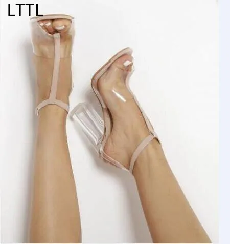 

LTTL Newest PVC Women Sandals Peep Toe Ankle Strap 9 CM High Heels Shoes Sexy T-strap Clear Transparent Heel Gladiator Sandals