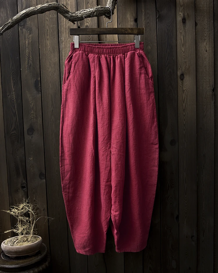 Johnature женские штаны осенние новые хлопковые льняные свободные мягкие повседневные женские штаны полной длины винтажный китайский стиль - Цвет: Wine red
