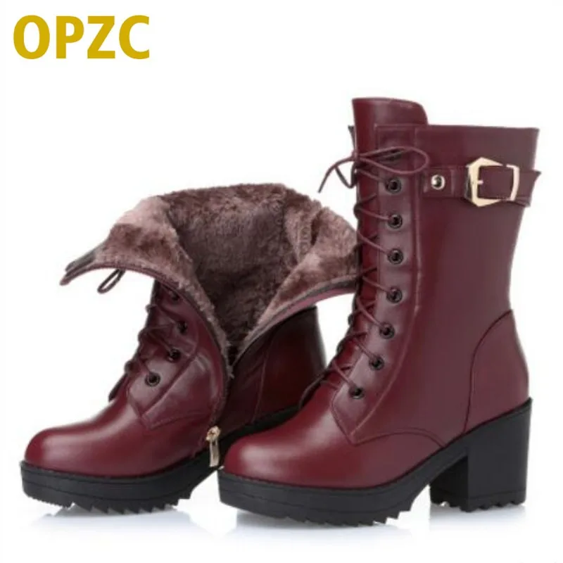 2018 High-heeled genuine leather women winter boots thick wool warm women Martin boots Self-luminous night female snow boots Women's Shoes