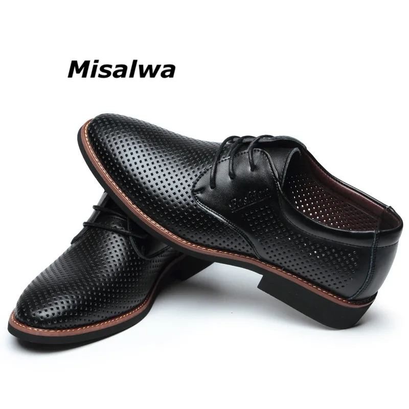 

Misawla Summer Italian Leather Wedding Business Dress Shoes Point-Toe Hollow Casual Breathable Hole Oxford Shoes Lace up Flats