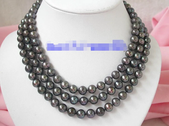 

FREE shipping>>>>N700 BEAUTIFUL 3trands 10mm black freshwater pearls necklace silver 6.07