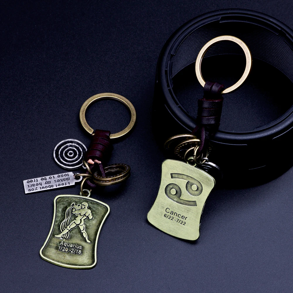 

Vintage Leather Cord Metal 12 Zodiacs Keychains & Keyring,Embossed 12 constellations keychains & keyrings