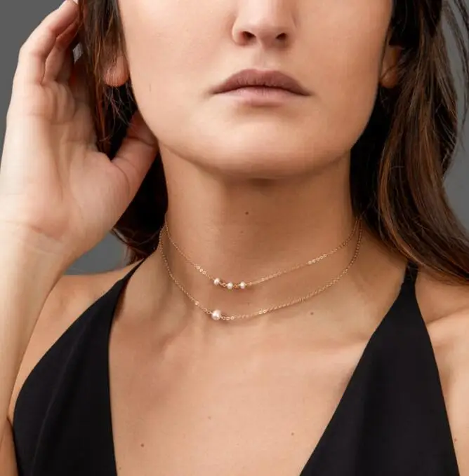 

na025 Choker necklace Europe simple necklace metal texture sweet Imitation pearl temperament Double layer clavicle necklace