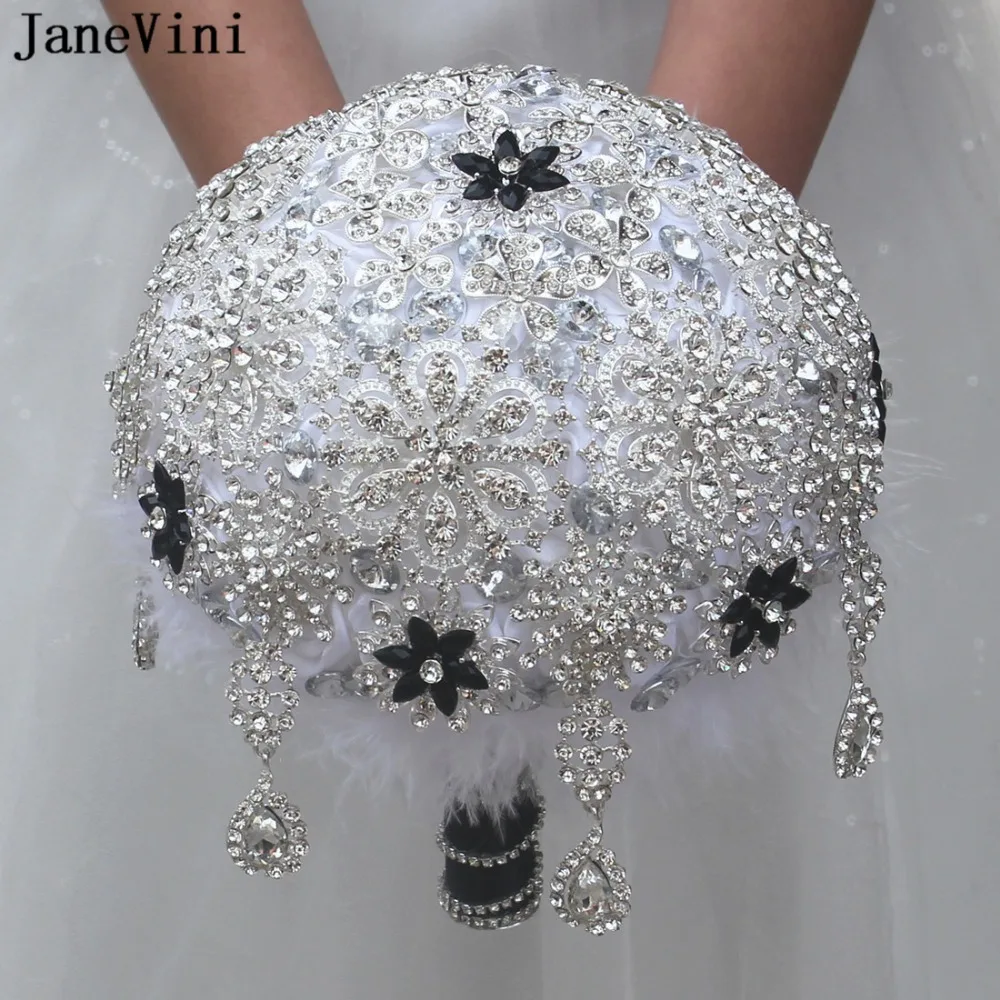JaneVini роскошные белые стразы свадебные букеты свадебные цветы искусственные атласные розы блестящие свадебные букеты Fleur Mariage