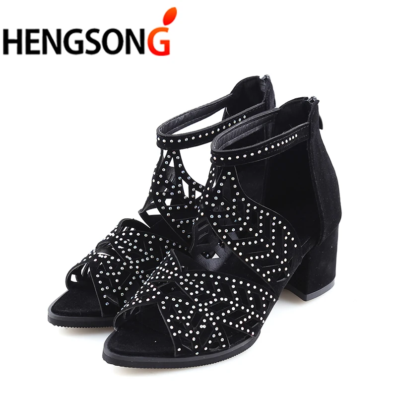 

HENGSONG New Women Sandals Fashion Elegant Party Shoes Zip Mid Square Cover Heel Platform Summer Sandals Women Sequined Shoes