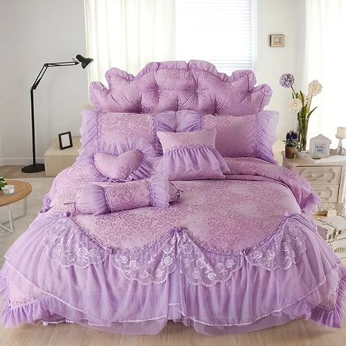 Buy luxury wedding bedding set purple red beige lace