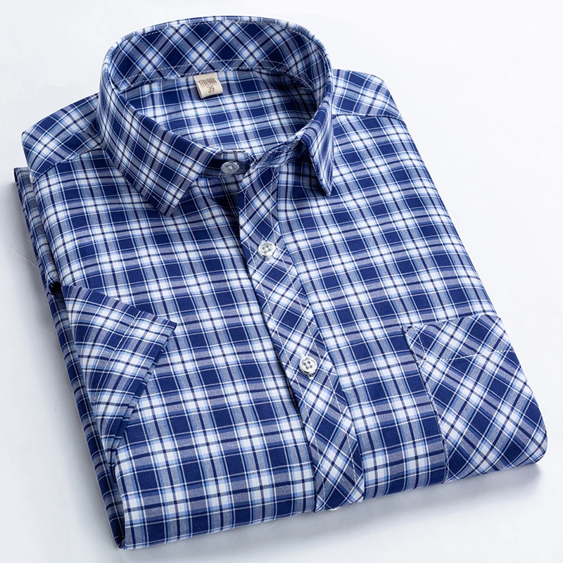 Men casual shirt checkered short sleeved summer slim fit with front pocket