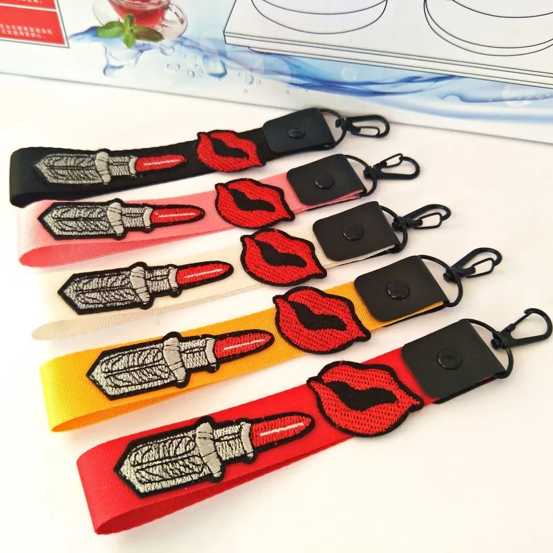 

New Embroidered Lip Lipstick Creative Personality Keyring Gift Mobile Phone Anti - drop Hook Bag keychain