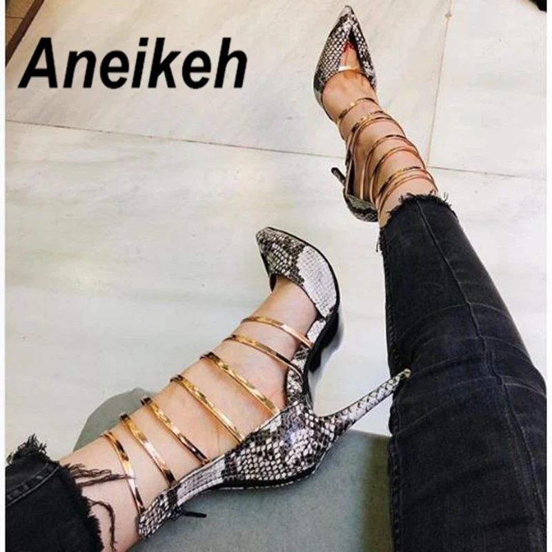 

Aneikeh 2019 Summer serpentine Leather Stiletto Pointed Toe Ankle Boots High Heels Cut-outs Gladiator Sandal Booties Size 35-40