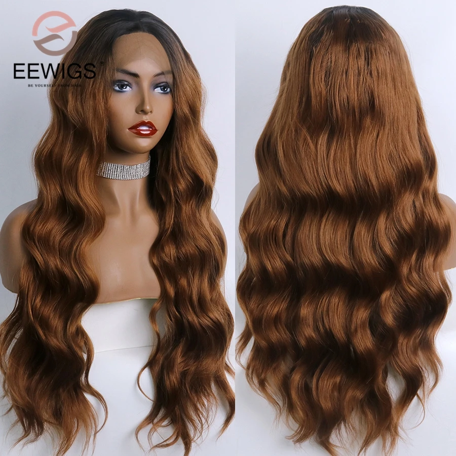 

EEWIGS Middle Part Ombre Brown Synthetic Wigs With Short Black Root 180% Density Glueles Deep Wave Lace Front Wig Heat Resistant